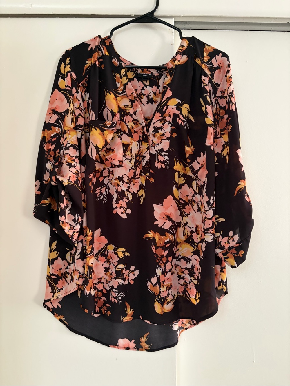 torrid Black Floral V-Neck Blouse with Pink and Yellow Blooms